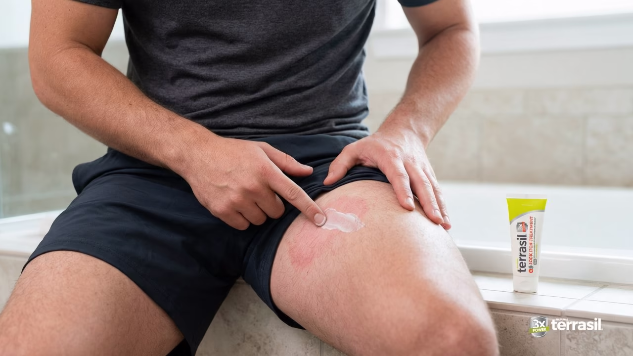 man applying jock itch cream to leg