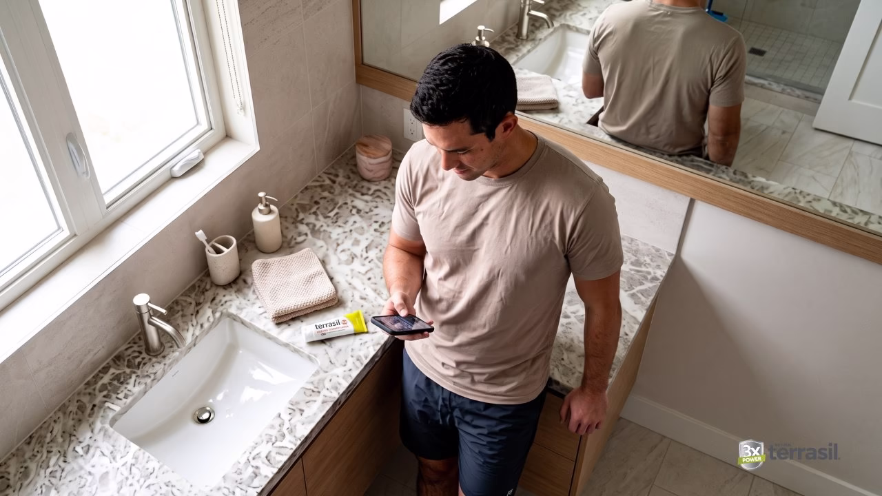 man looking at phone in bathroom