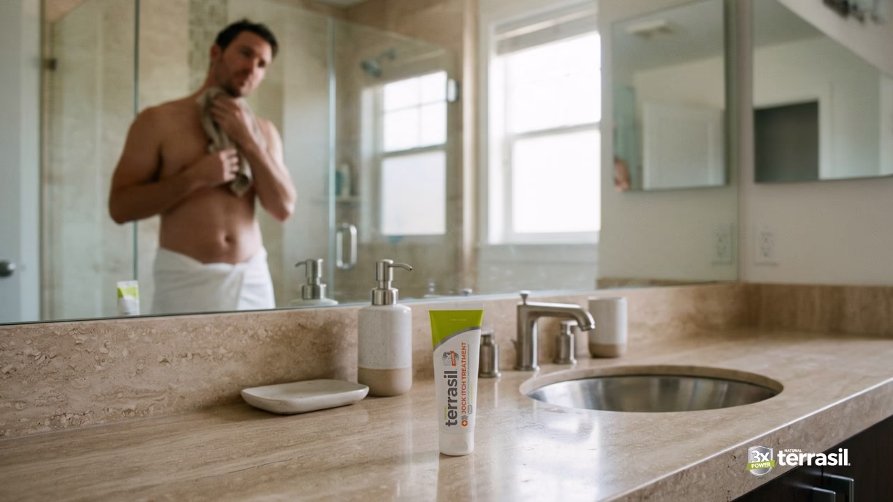 terrasil jock itch shown prominently with man in bathroom